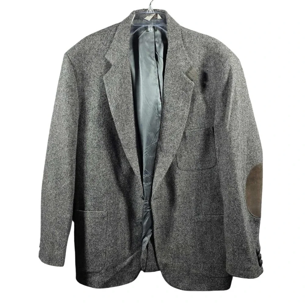 Hamilton Collection Tweed Sport Coat‎ Blazer Elbow Patches Men's 46R Grey